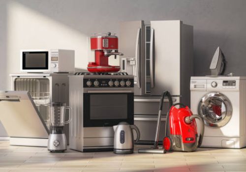 Set of home kitchen appliances in the room with sun light. 3d illustration